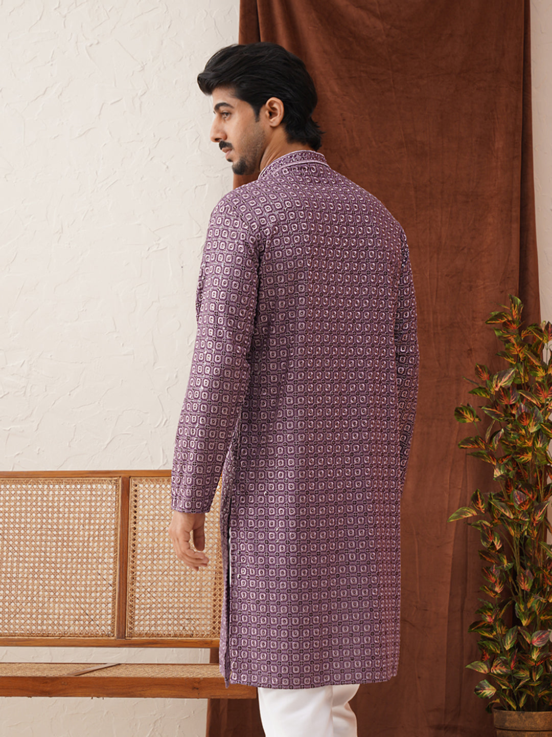Embroidered Chikankari and Sequence Kurtas For Men ( KO 5131Purple )