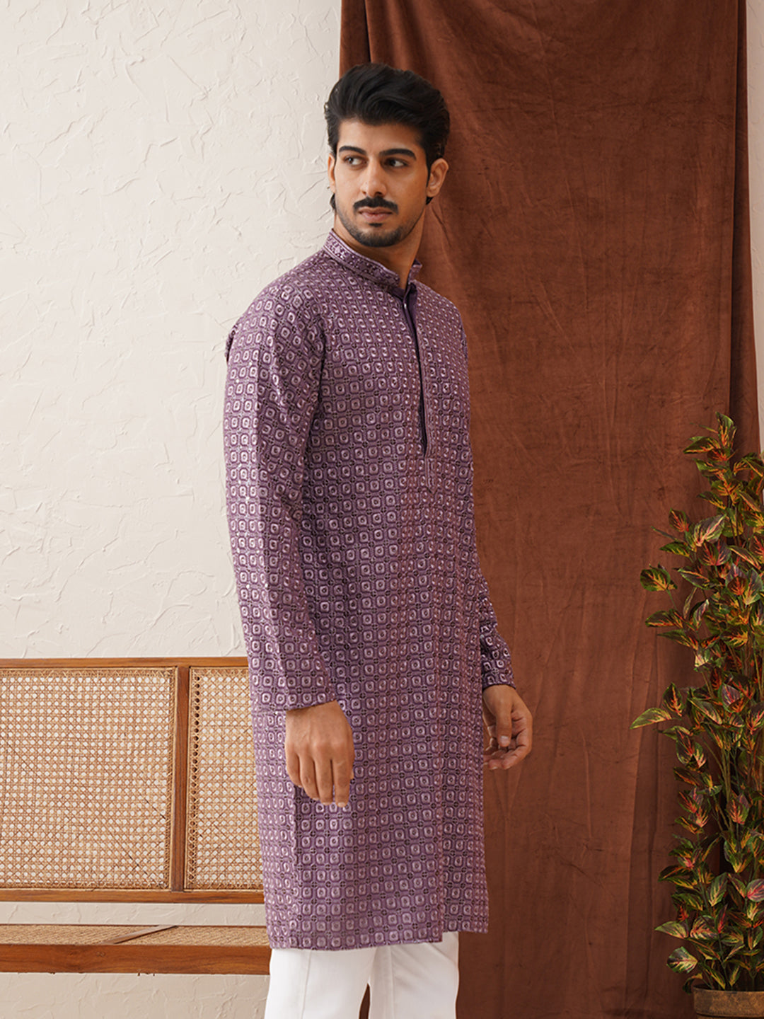 Embroidered Chikankari and Sequence Kurtas For Men ( KO 5131Purple )