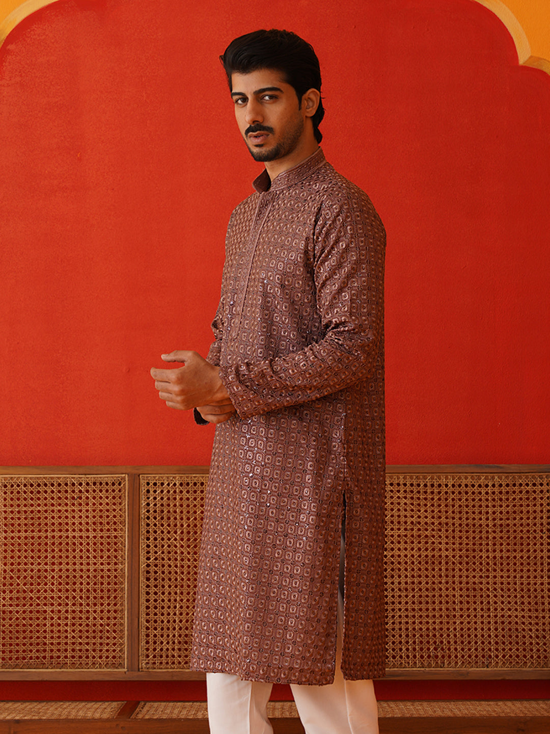 Embroidered Chikankari and Sequence Kurtas For Men ( KO 5131Rust )