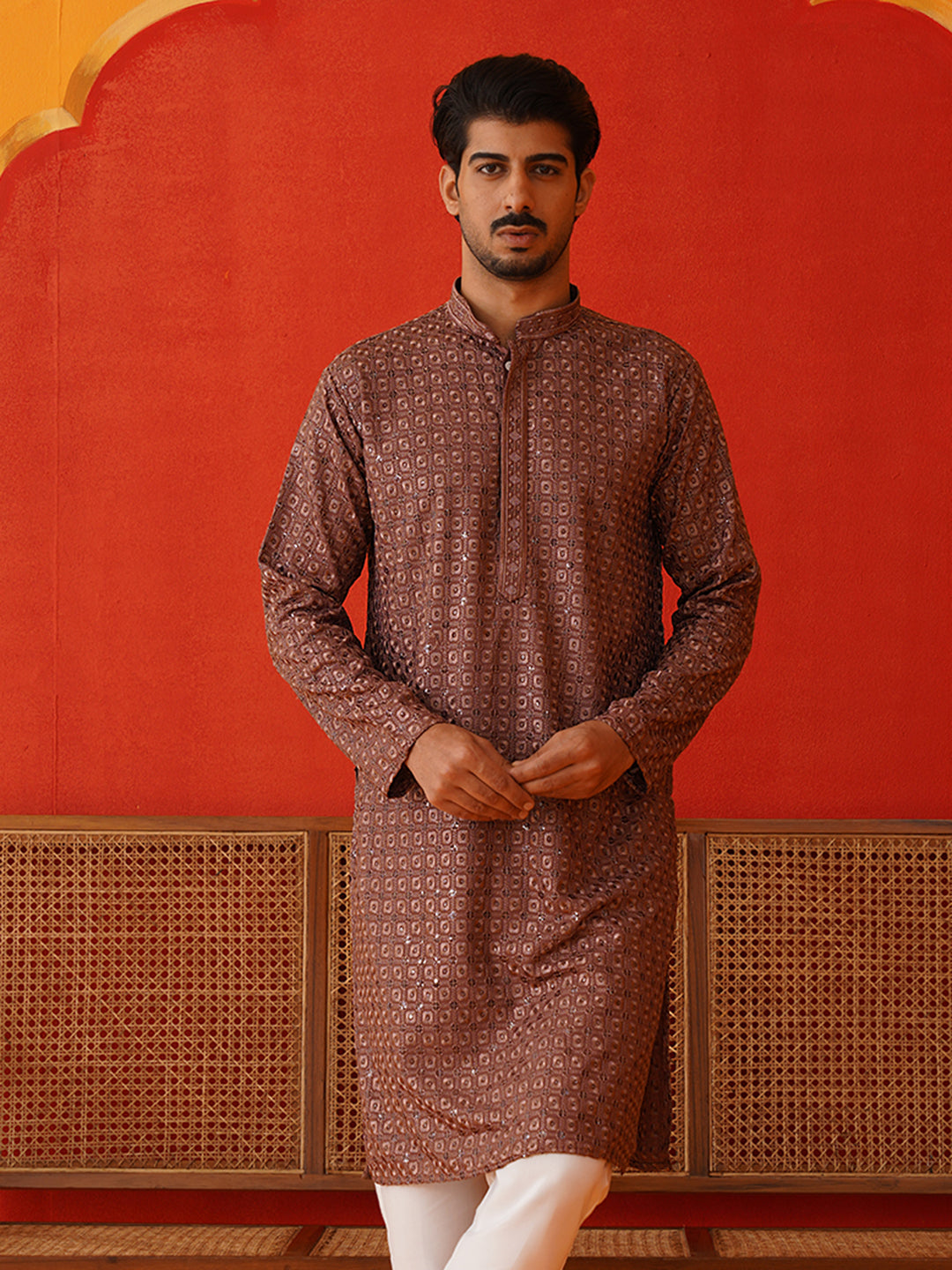 Embroidered Chikankari and Sequence Kurtas For Men ( KO 5131Rust )