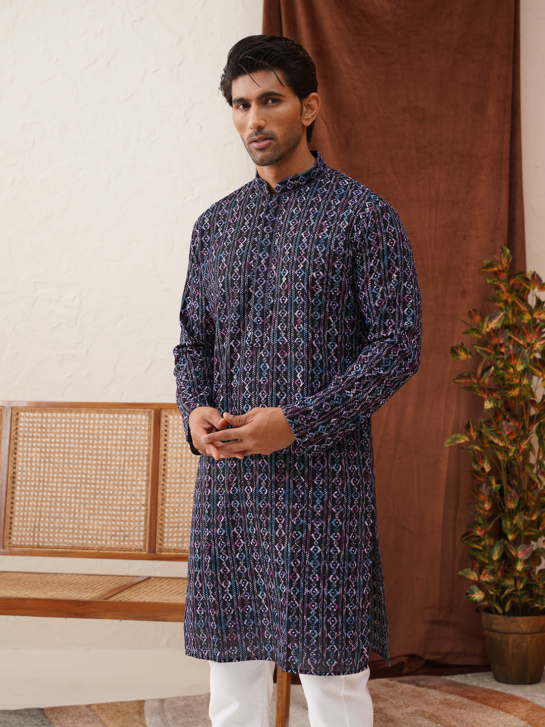Embroidered Viscose Kurtas For Men ( KO 5133Navy )