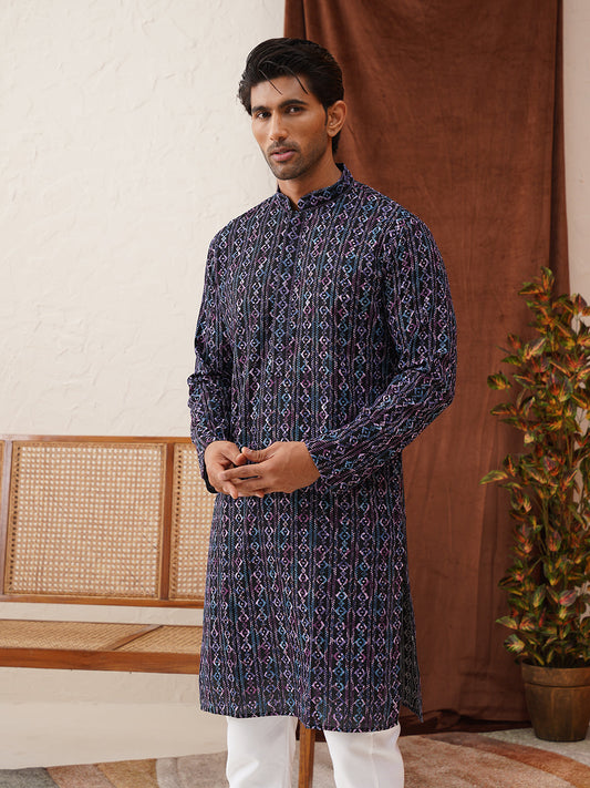 Embroidered Viscose Kurtas For Men ( KO 5133Navy )