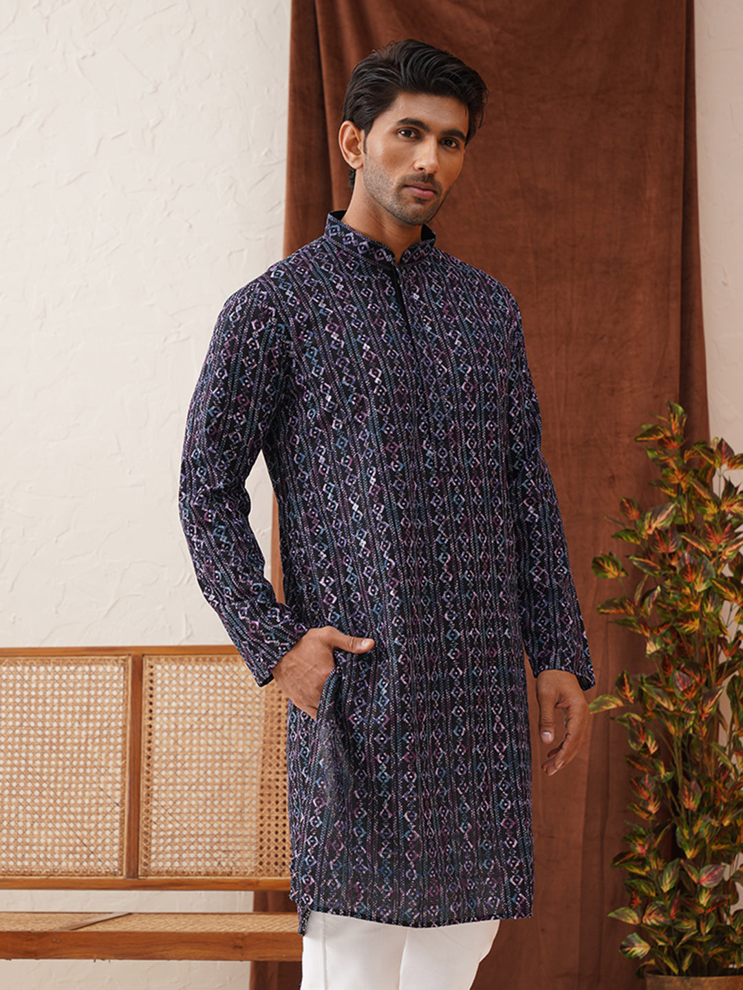 Embroidered Viscose Kurtas For Men ( KO 5133Navy )