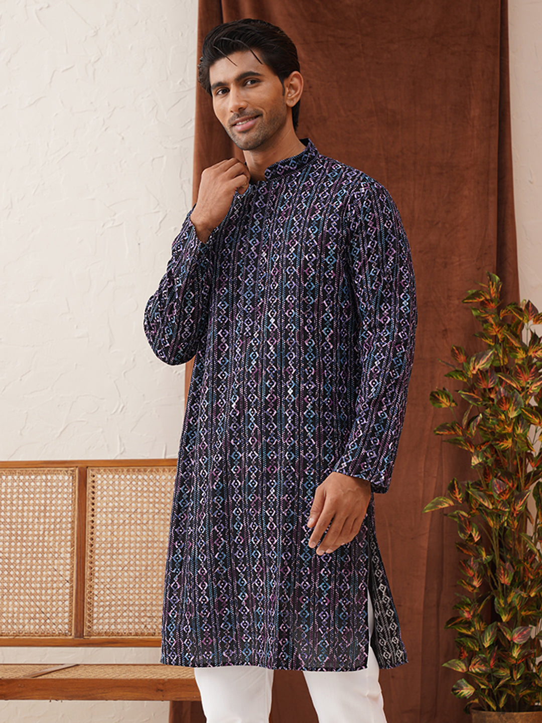 Embroidered Viscose Kurtas For Men ( KO 5133Navy )