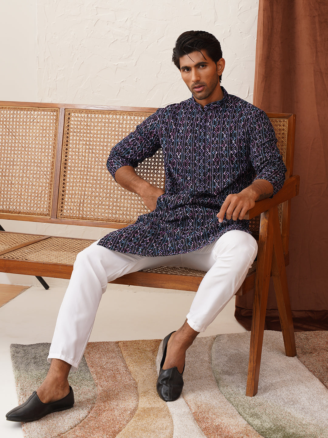 Embroidered Viscose Kurtas For Men ( KO 5133Navy )