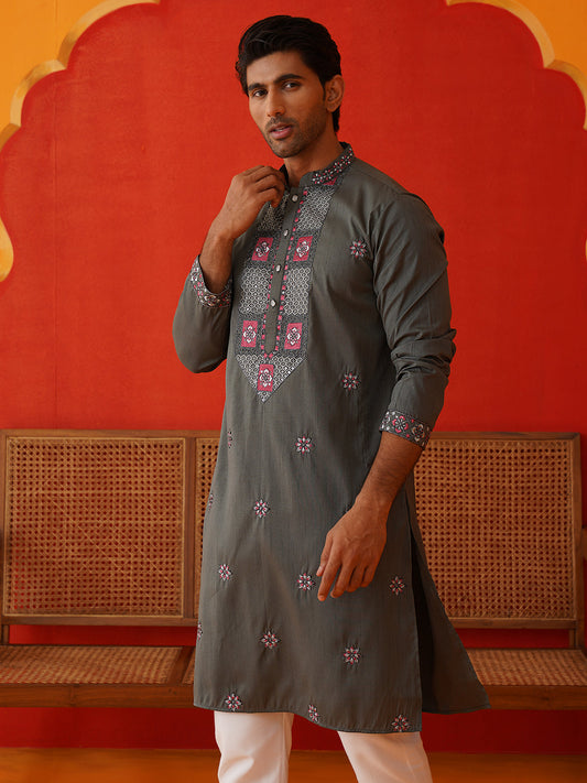 Men Grey Floral Embroidered Kurtas ( KO 5134Dark-Grey )