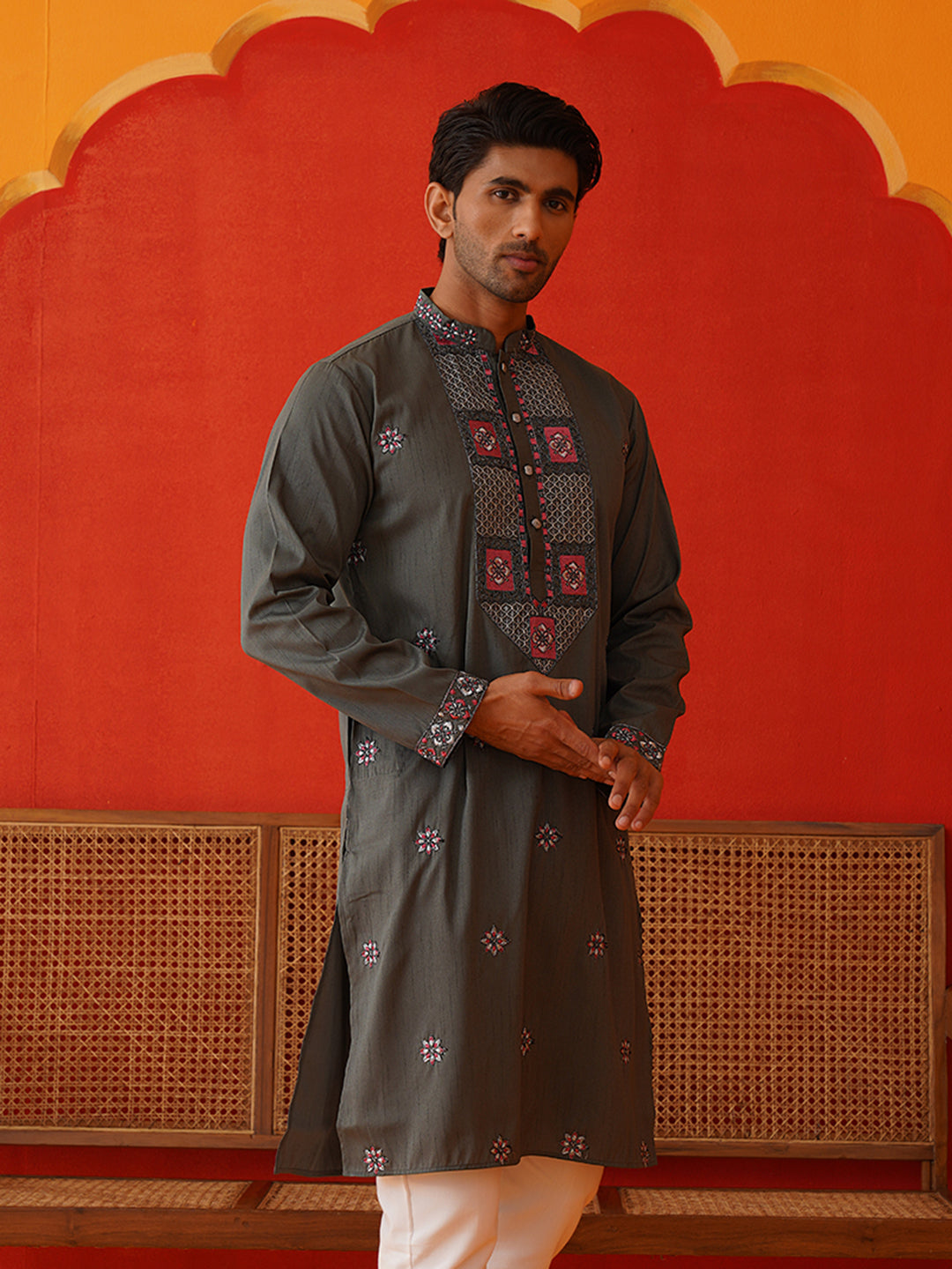 Men Grey Floral Embroidered Kurtas ( KO 5134Dark-Grey )