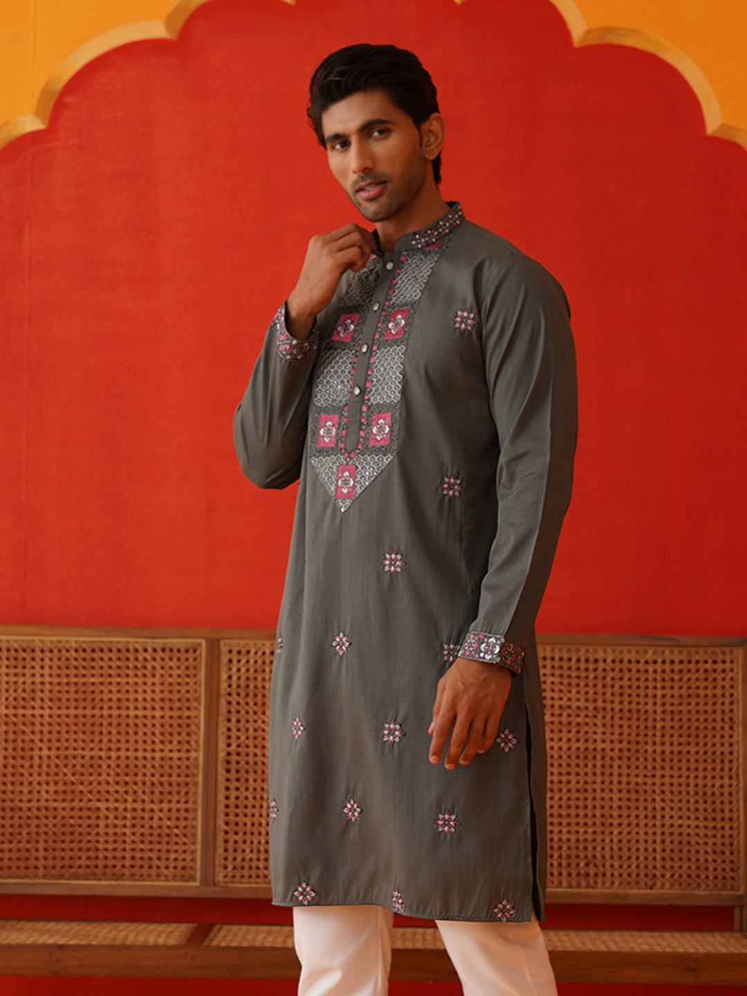 Men Grey Floral Embroidered Kurtas ( KO 5134Dark-Grey )