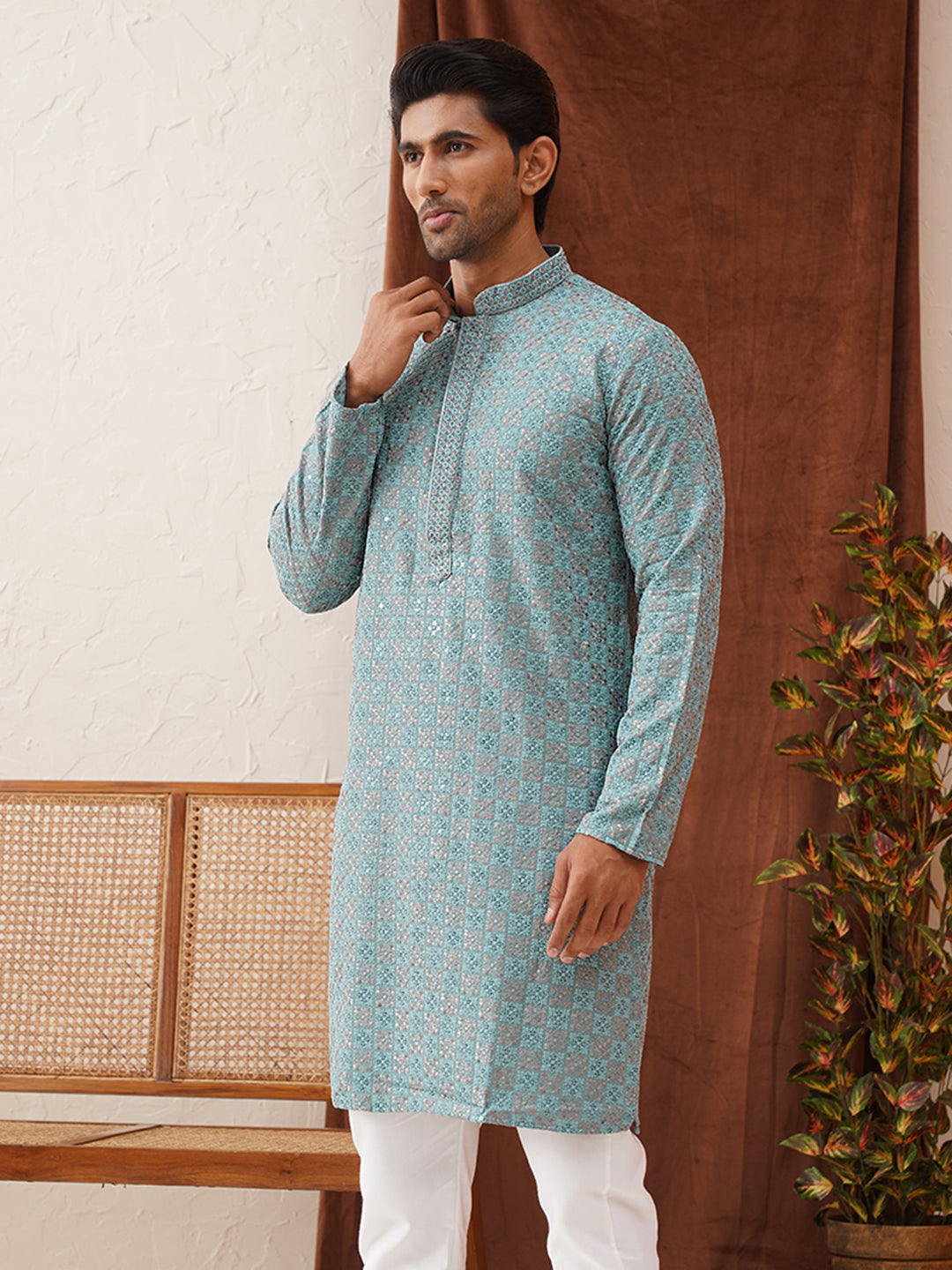 Embroidered Staight Kurtas For Men ( KO 5135Blue )