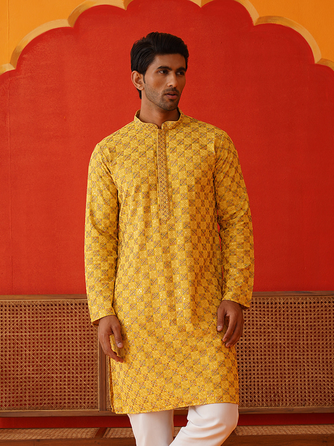 Embroidered Staight Kurtas For Men ( KO 5135Mustard )