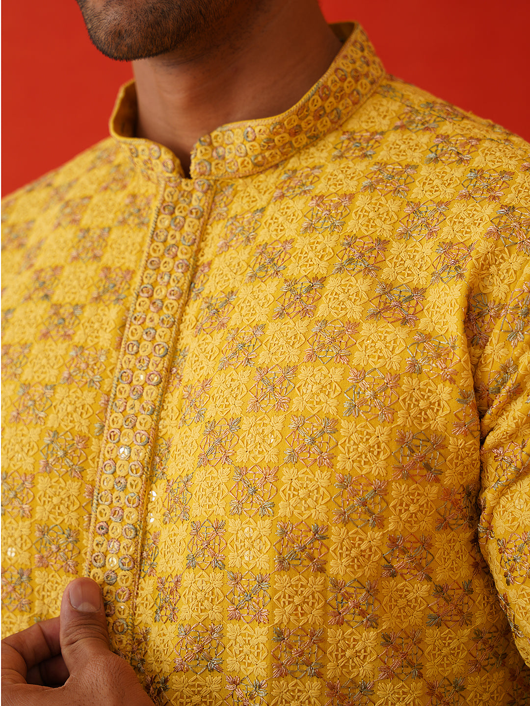Embroidered Staight Kurtas For Men ( KO 5135Mustard )
