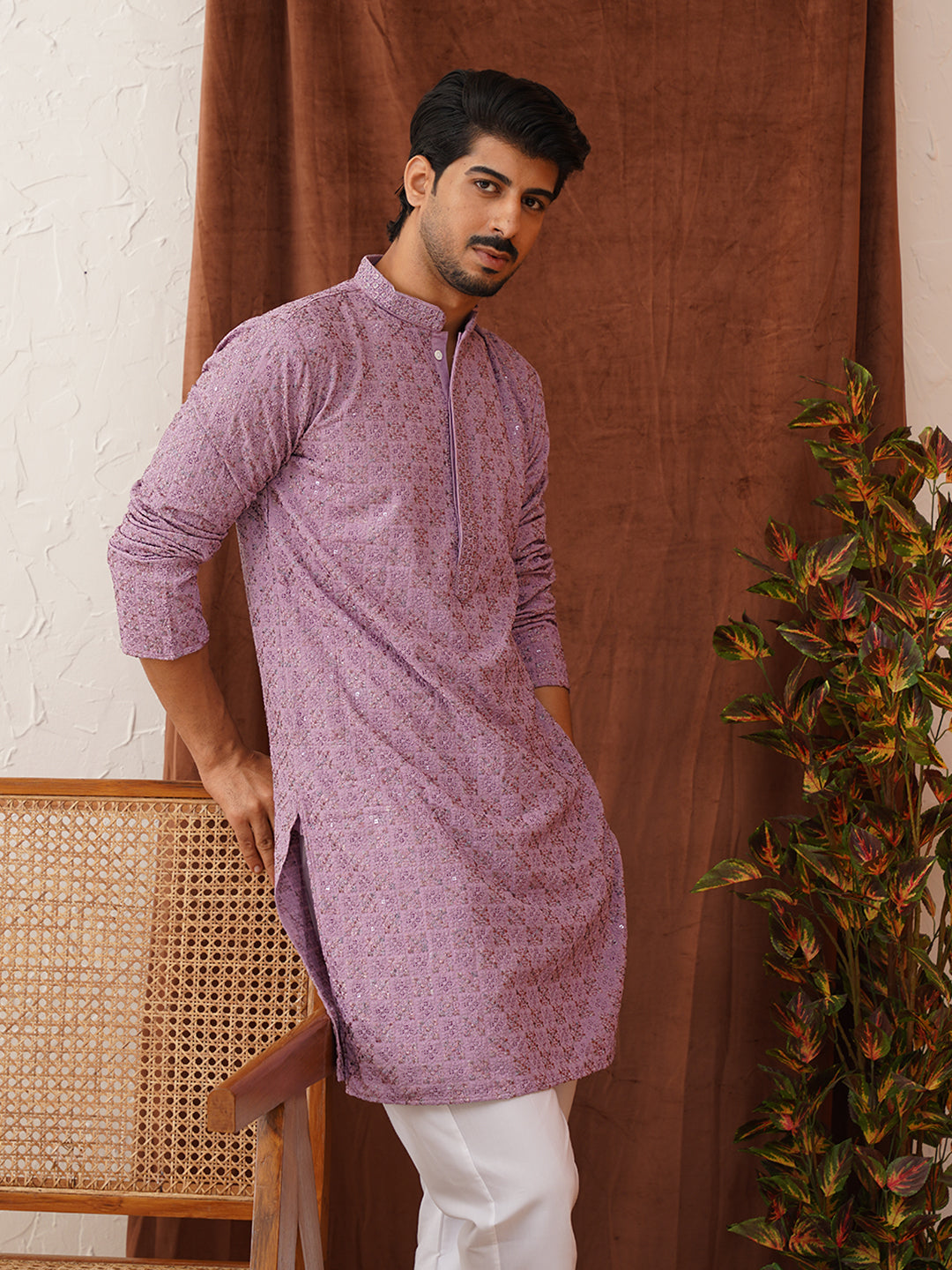 Embroidered Staight Kurtas For Men ( KO 5135Purple )