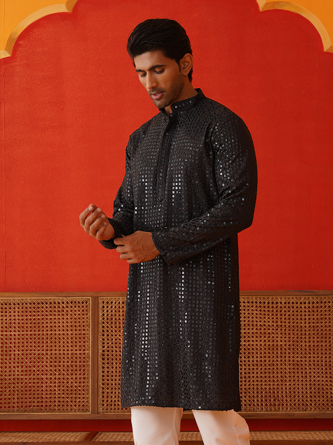 Men's Embroidered & Sequence Kurtas ( KO 5136Black )
