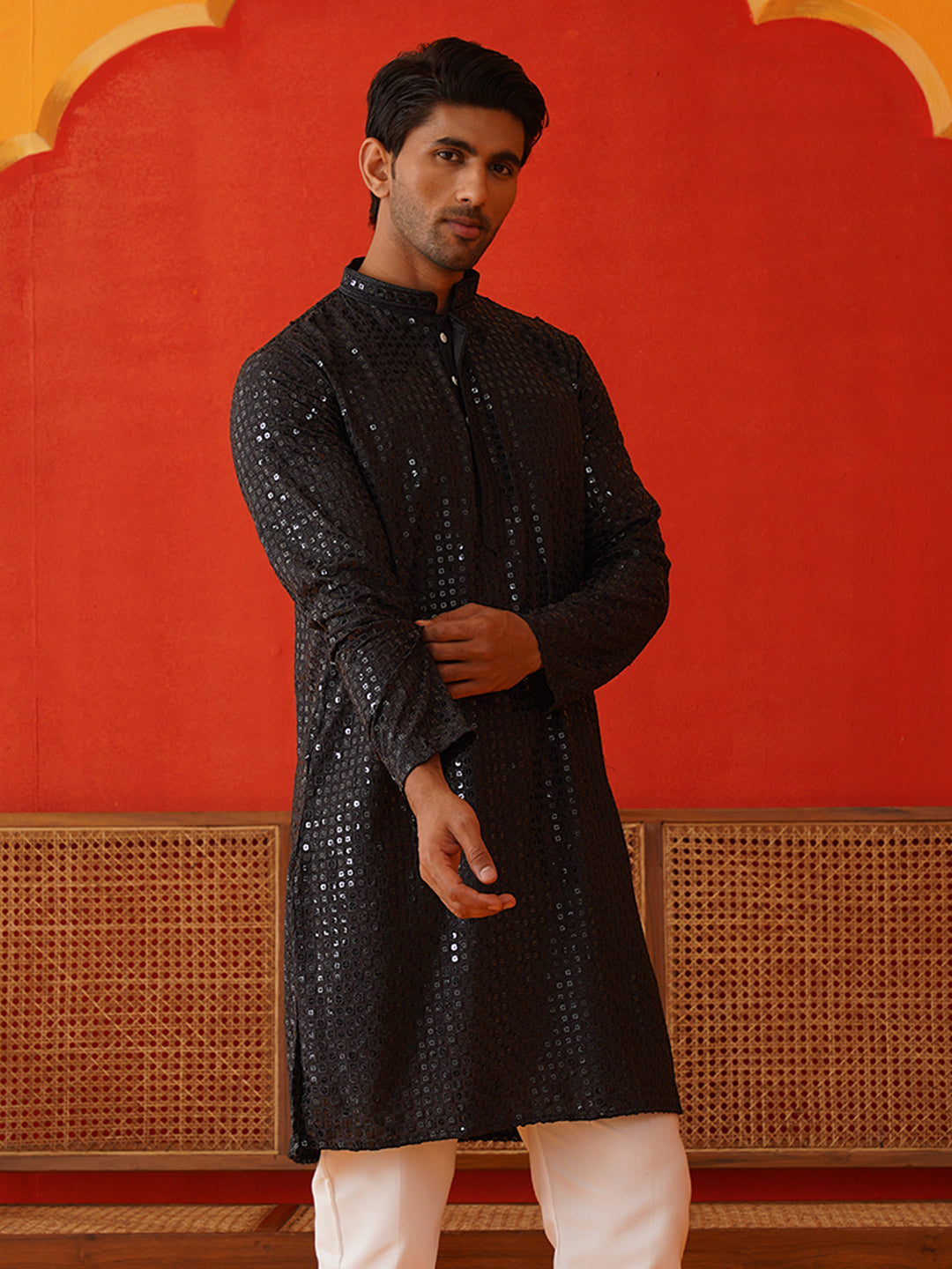 Men's Embroidered & Sequence Kurtas ( KO 5136Black )