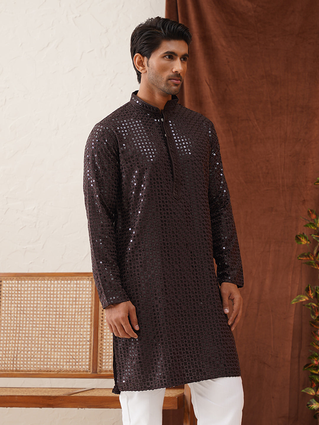Men's Embroidered & Sequence Kurtas ( KO 5136Coffee )