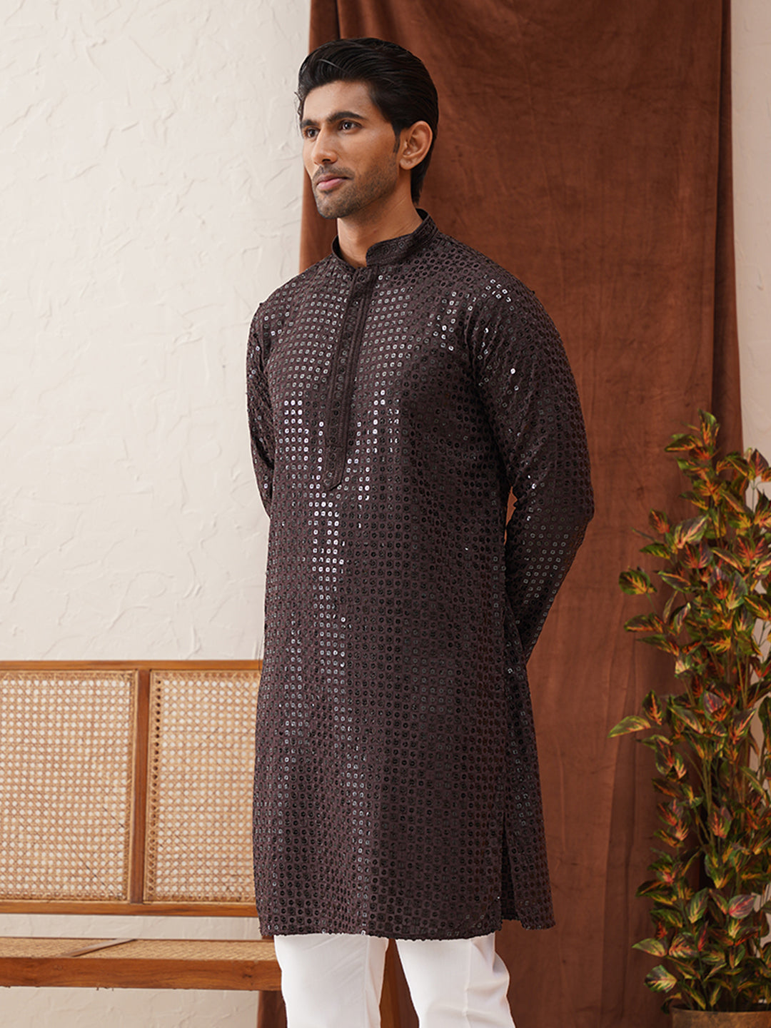 Men's Embroidered & Sequence Kurtas ( KO 5136Coffee )
