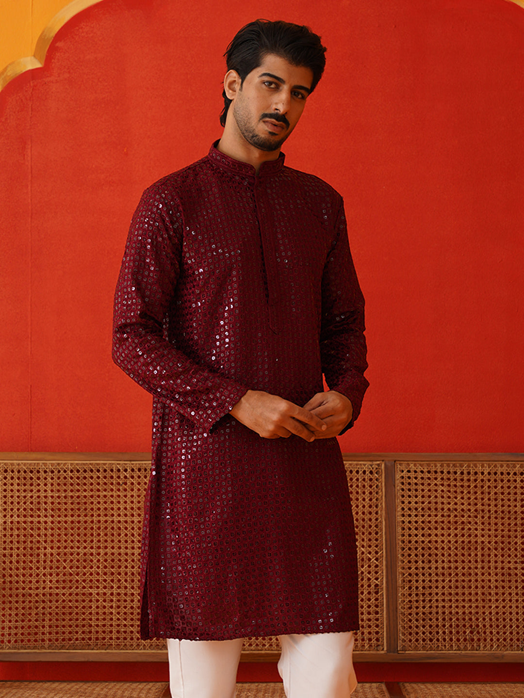 Men's Embroidered & Sequence Kurtas ( KO 5136Maroon )