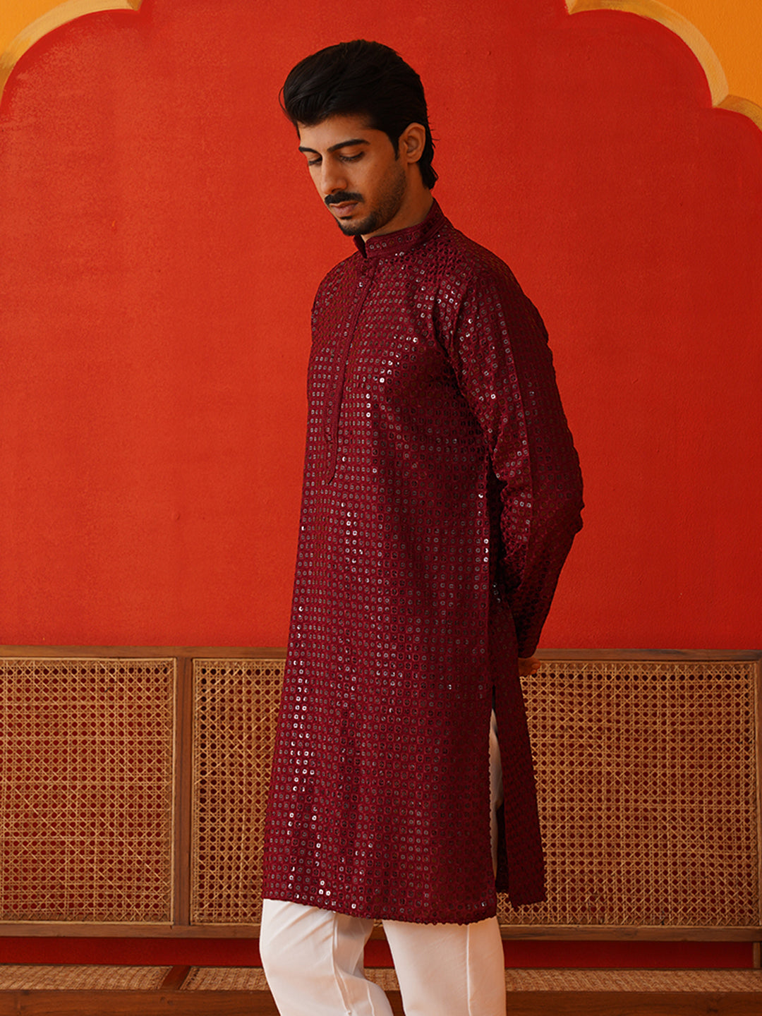 Men's Embroidered & Sequence Kurtas ( KO 5136Maroon )