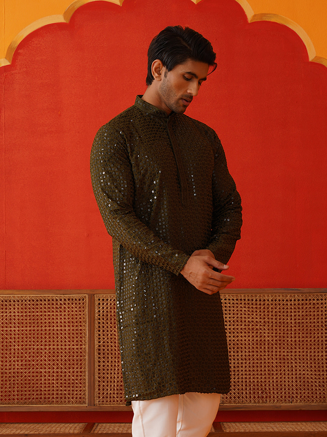 Men's Embroidered & Sequence Kurtas ( KO 5136Olive )