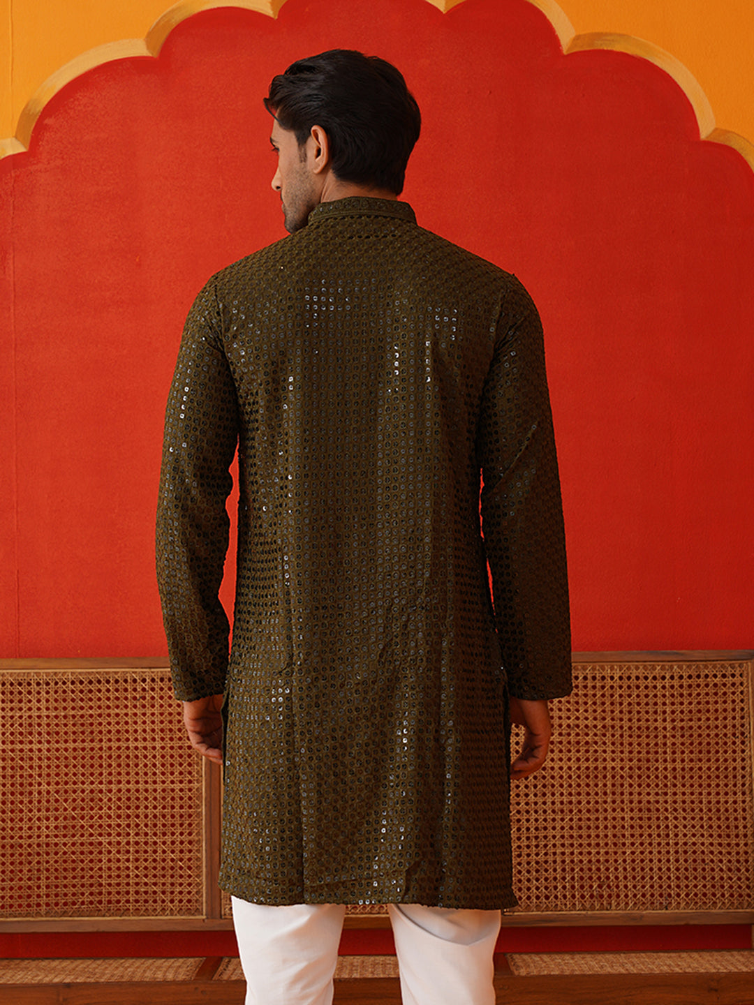 Men's Embroidered & Sequence Kurtas ( KO 5136Olive )