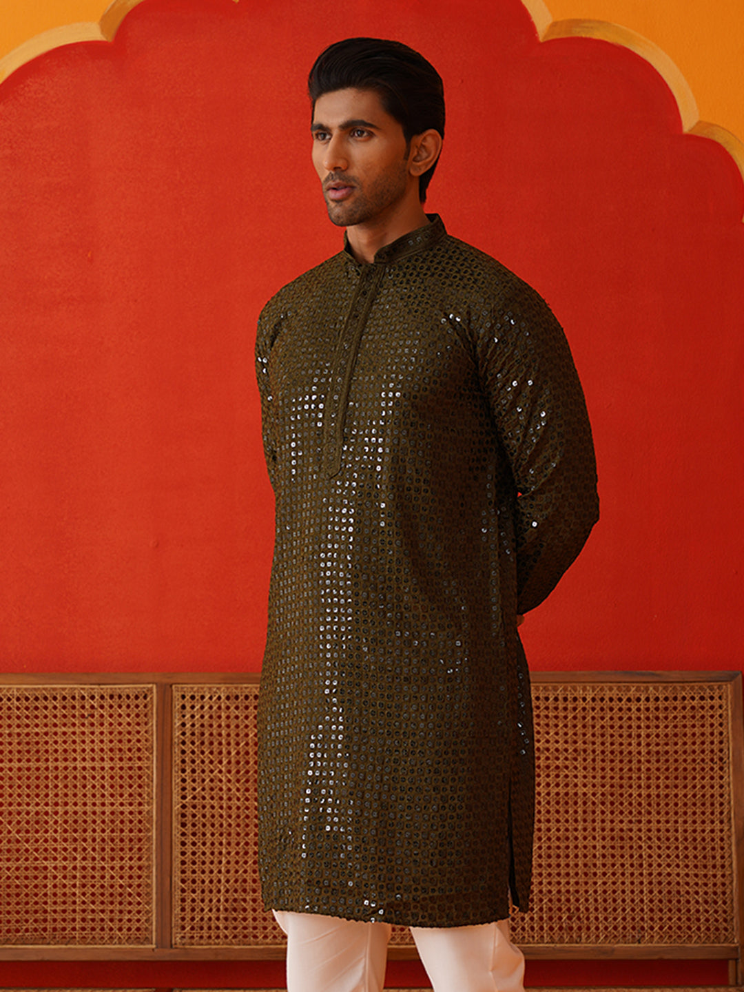 Men's Embroidered & Sequence Kurtas ( KO 5136Olive )