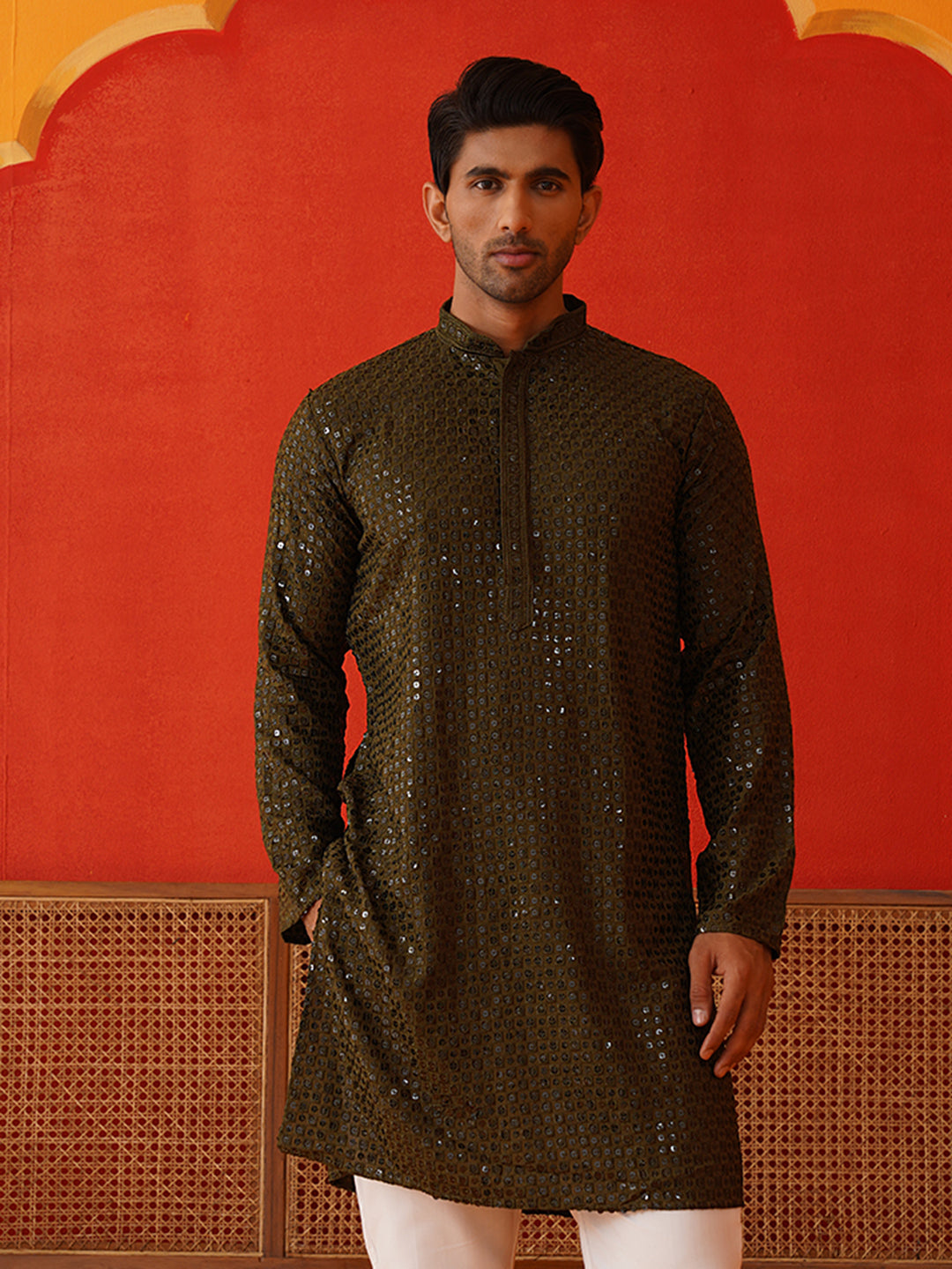 Men's Embroidered & Sequence Kurtas ( KO 5136Olive )