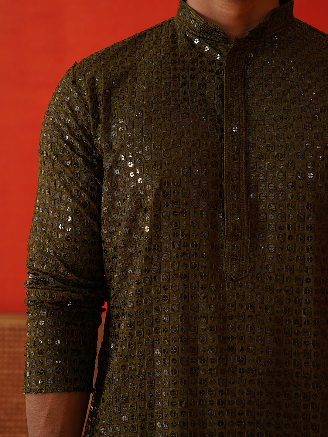 Men's Embroidered & Sequence Kurtas ( KO 5136Olive )