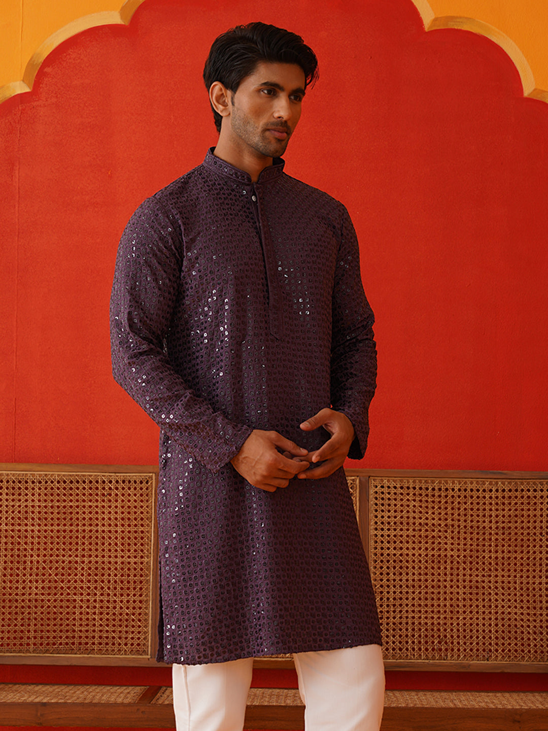 Men's Embroidered & Sequence Kurtas ( KO 5136Purple )