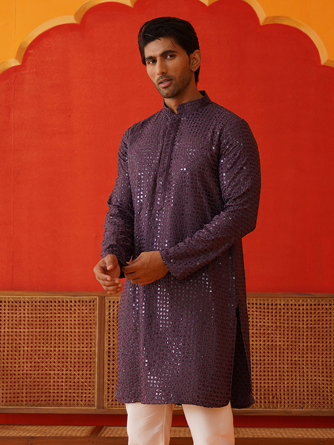 Men's Embroidered & Sequence Kurtas ( KO 5136Purple )