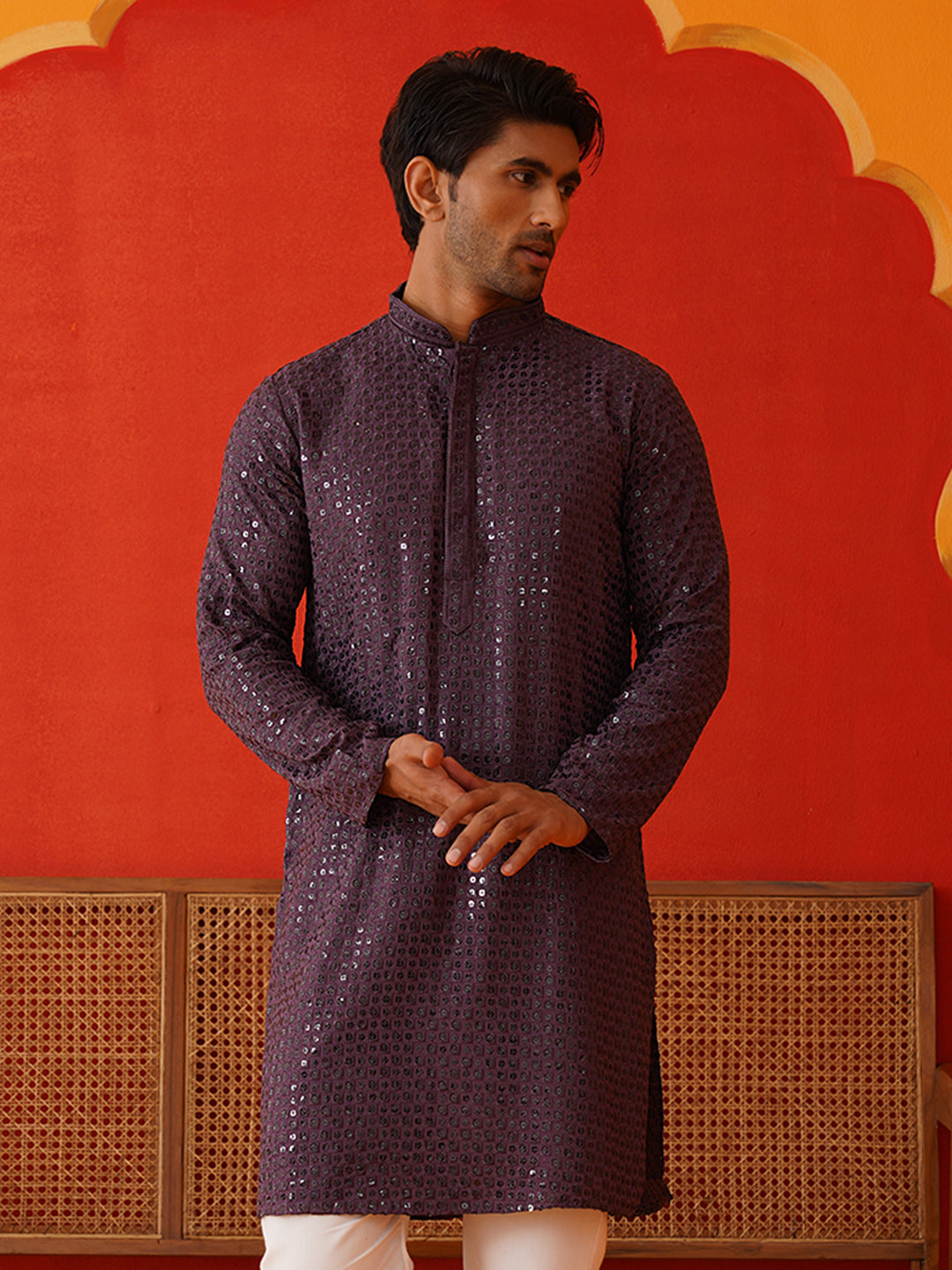 Men's Embroidered & Sequence Kurtas ( KO 5136Purple )