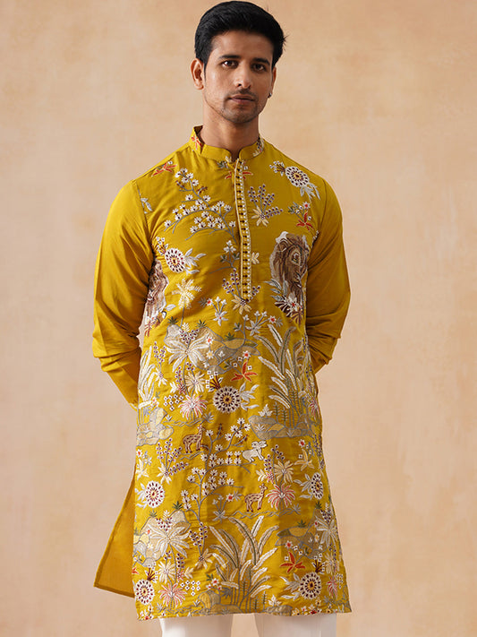 Floral Embroidered and Sequins Kurta (KO 5138 Mustard ) [FF] [L-7-8]