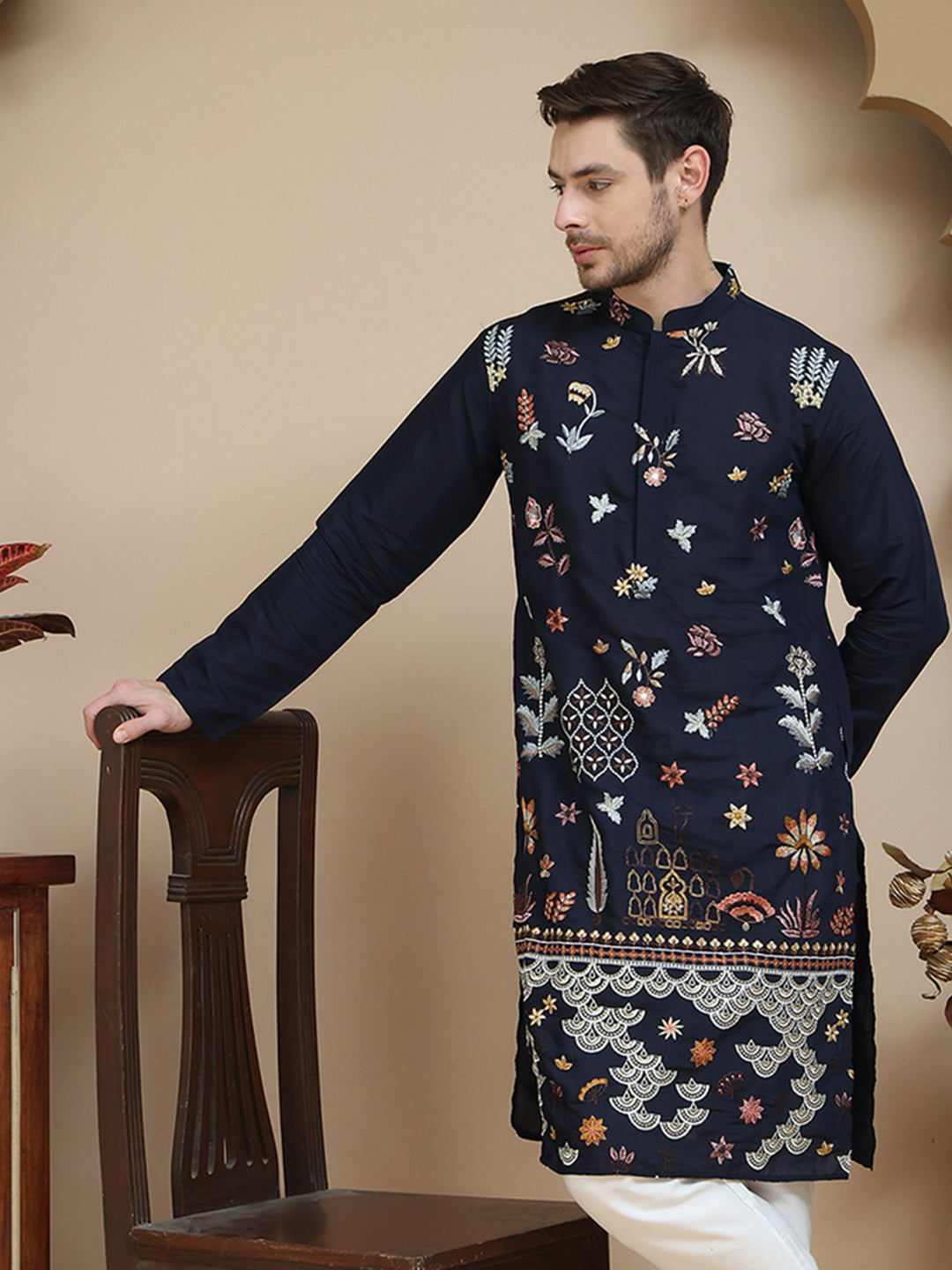 Floral Embroidered and Sequins Kurtas ( KO 5140 Navy )