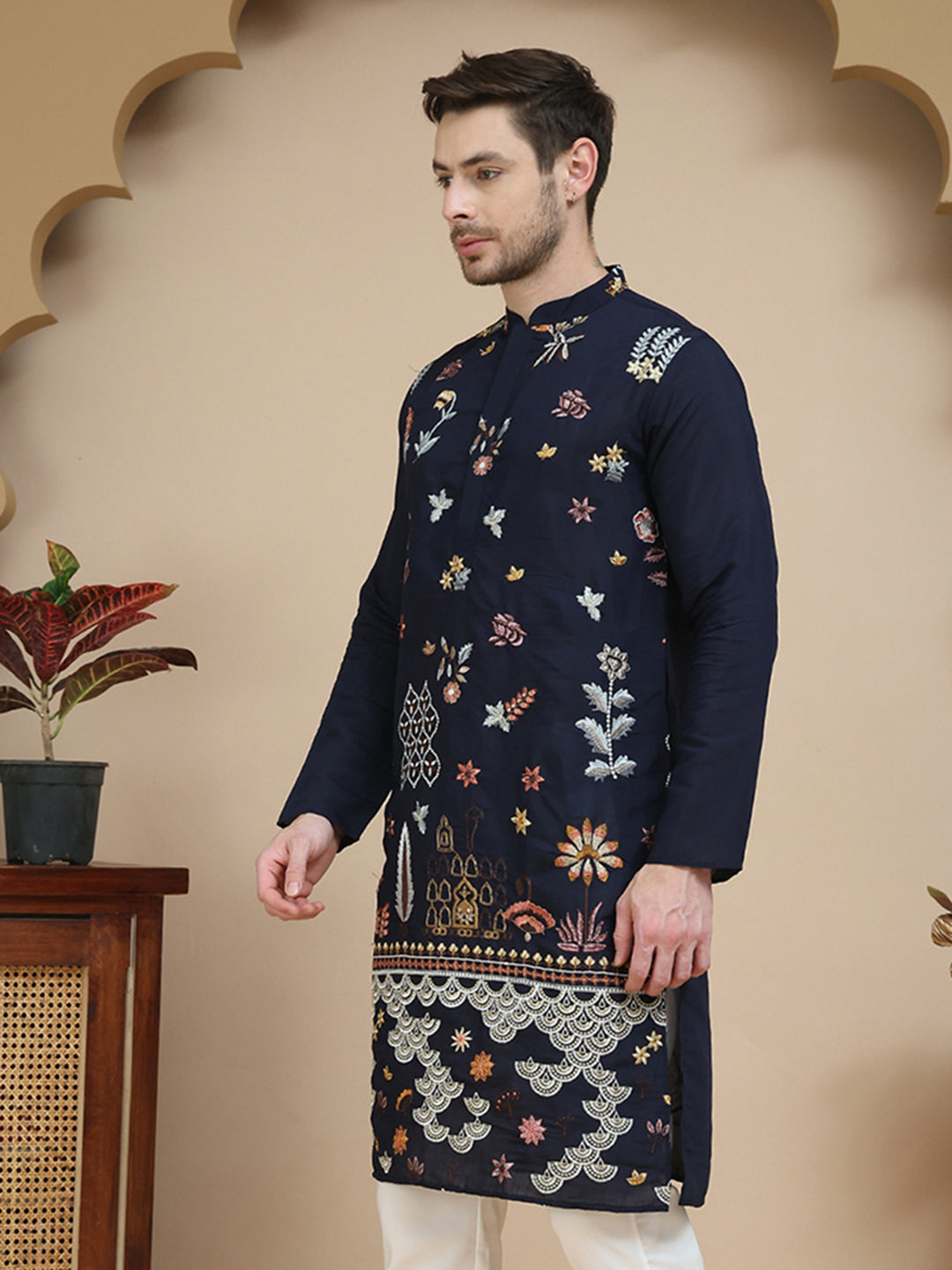 Floral Embroidered and Sequins Kurtas ( KO 5140 Navy )