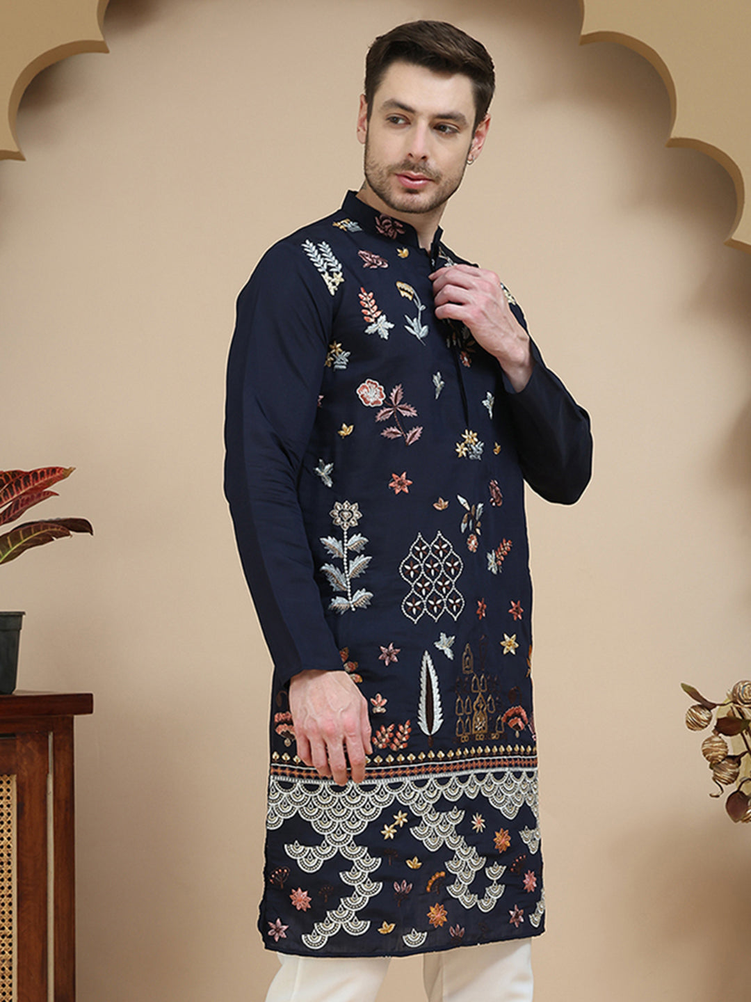 Floral Embroidered and Sequins Kurtas ( KO 5140 Navy )