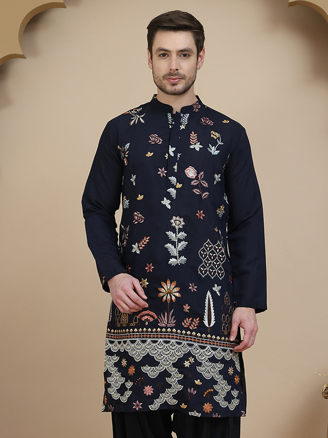 Embroidered Silk Blend Kurtas ( KO 5140 Navy )