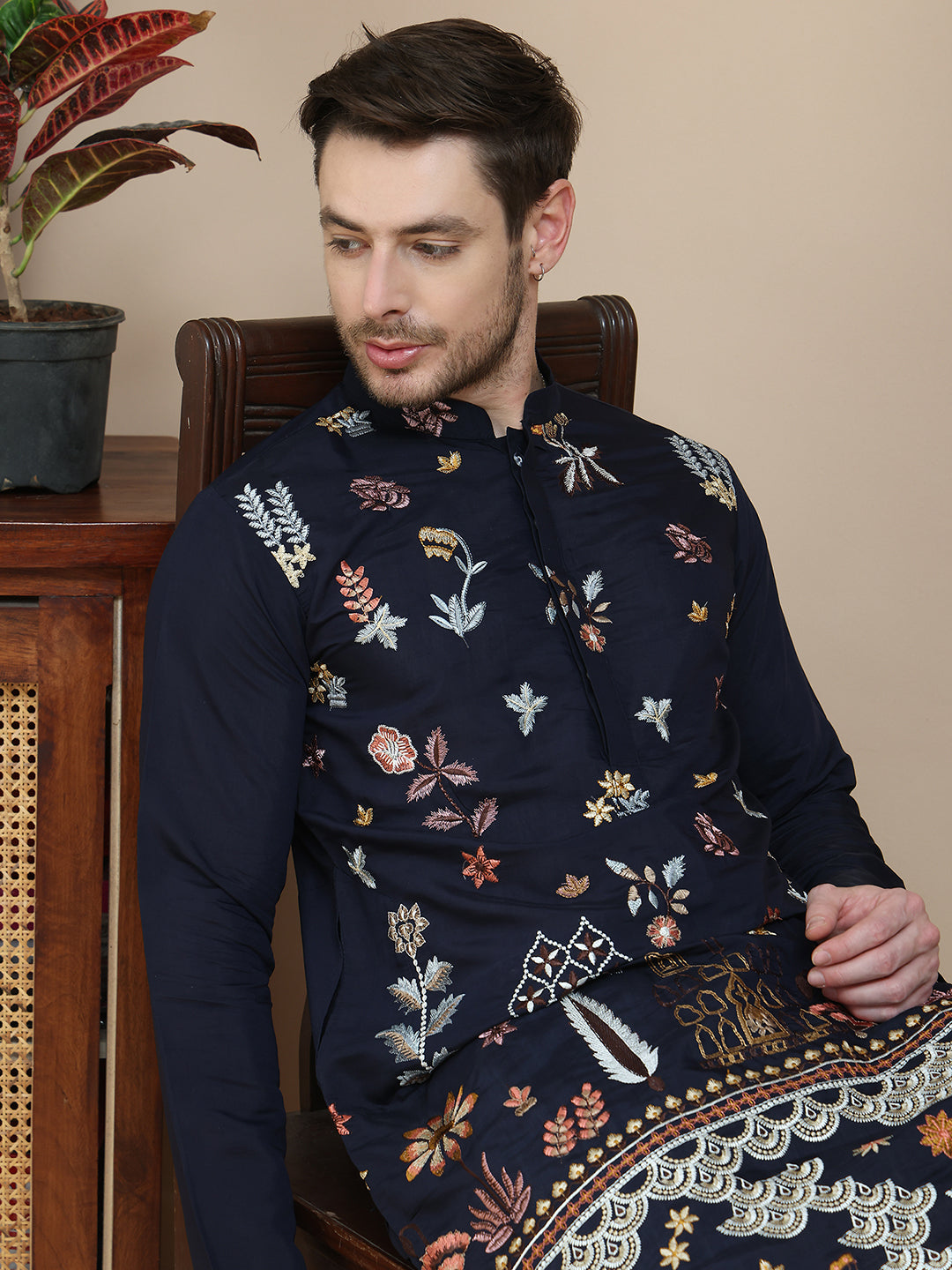 Floral Embroidered and Sequins Kurtas ( KO 5140 Navy )