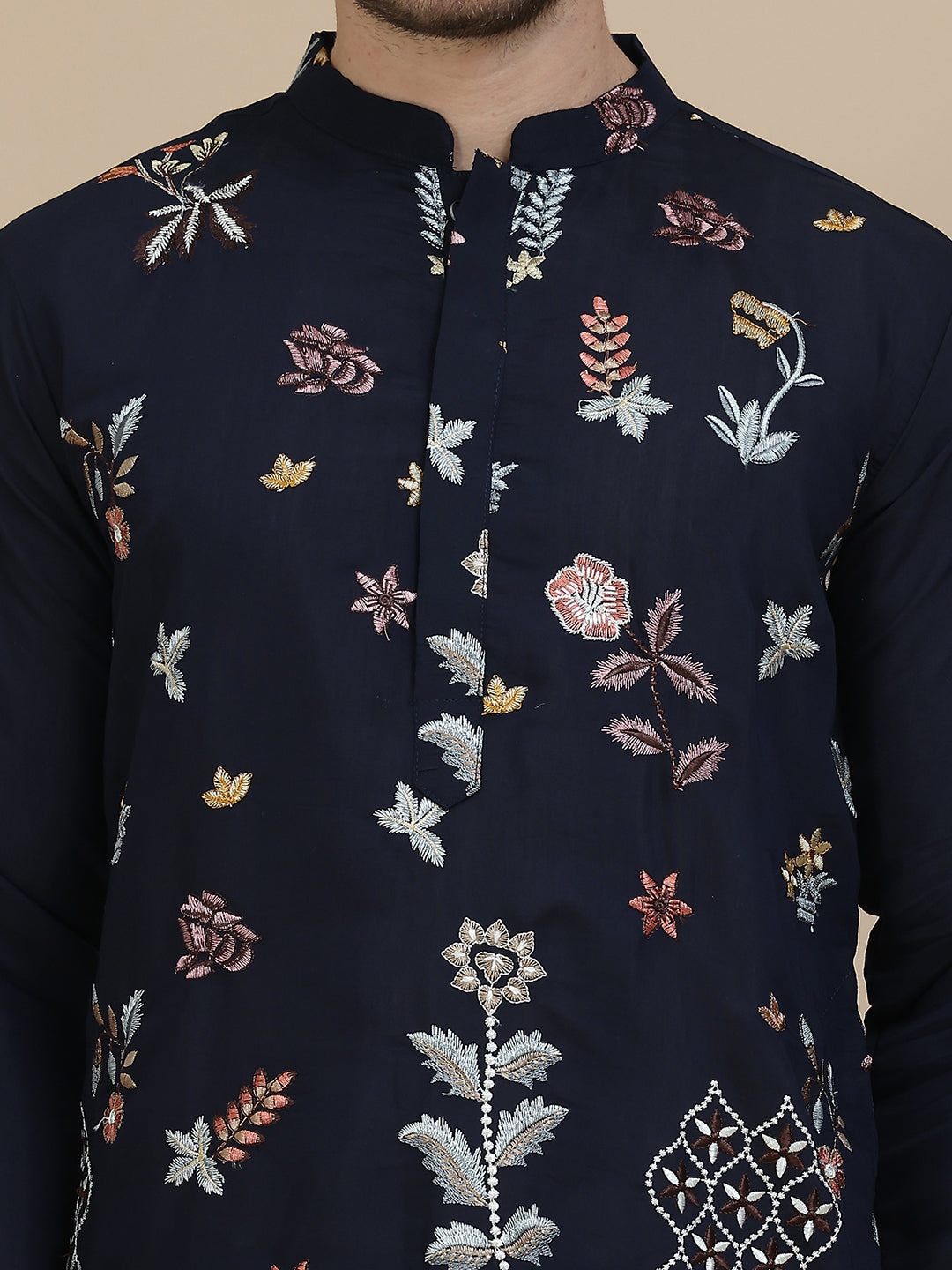 Embroidered Silk Blend Kurtas ( KO 5140 Navy )