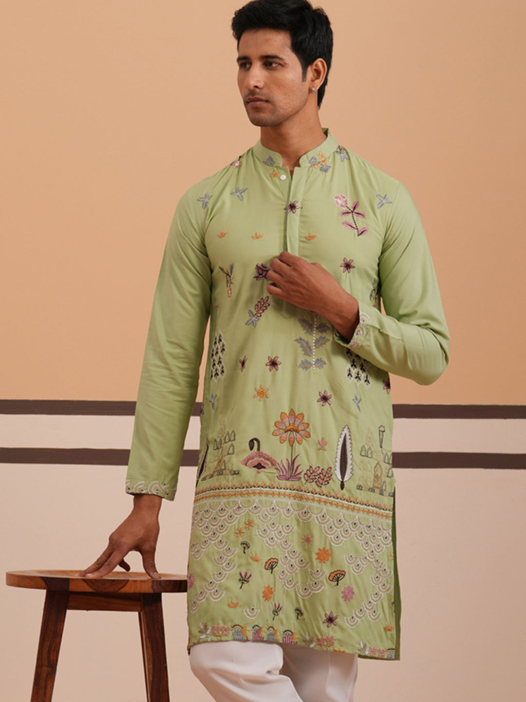 Floral Embroidered and Sequins Kurta ( KO 5140 Pista ) [FF] [D-5-6 & C5-6]