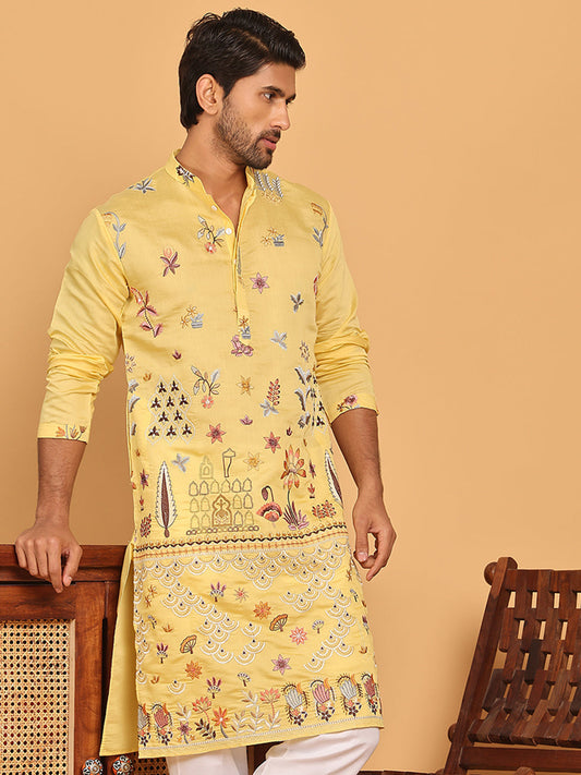 Floral Embroidered and Sequins Kurtas ( KO 5140 Yellow )