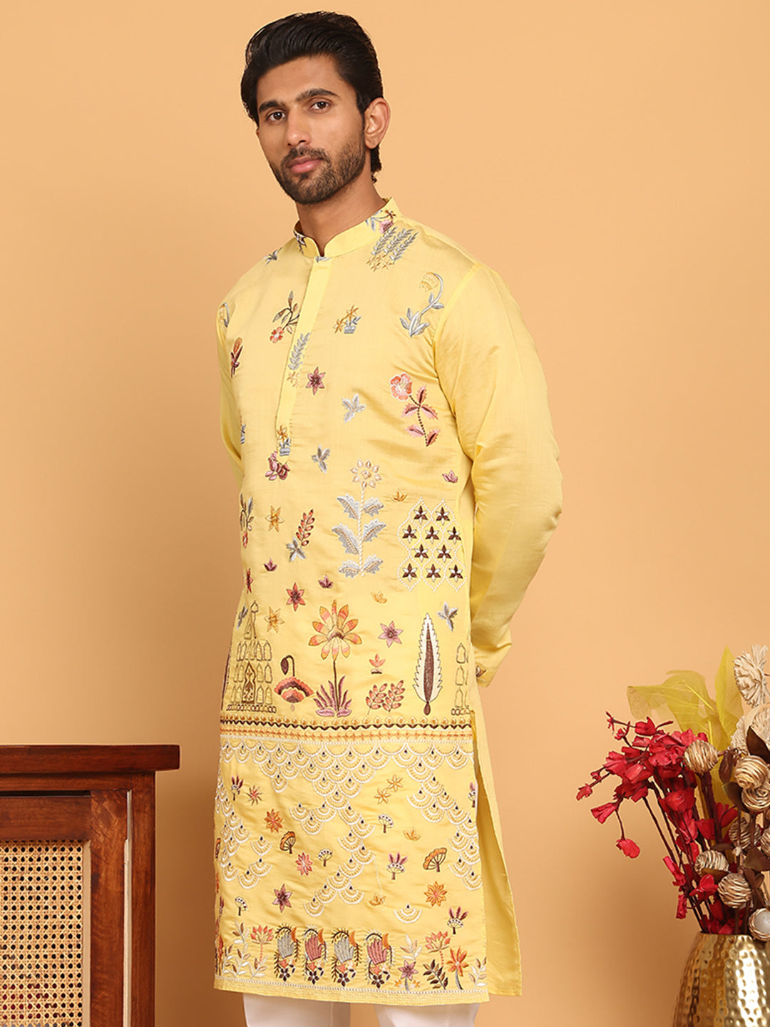 Floral Embroidered and Sequins Kurtas ( KO 5140 Yellow )