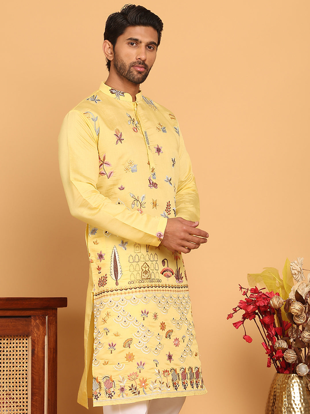 Floral Embroidered and Sequins Kurtas ( KO 5140 Yellow )