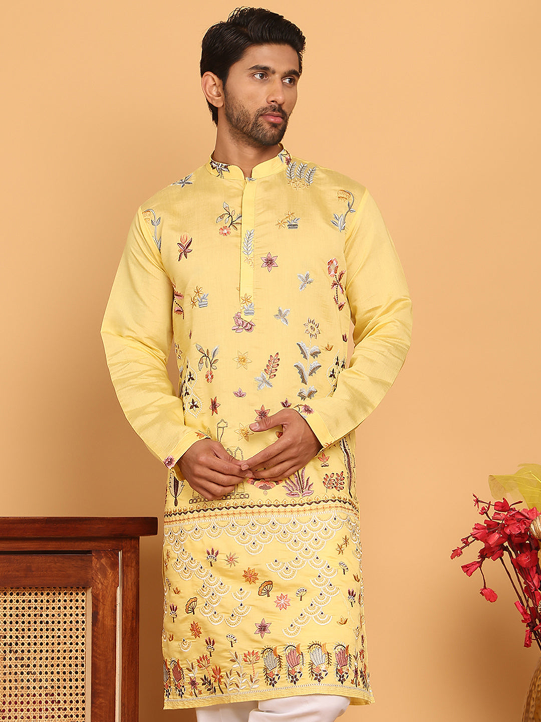 Floral Embroidered and Sequins Kurtas ( KO 5140 Yellow )