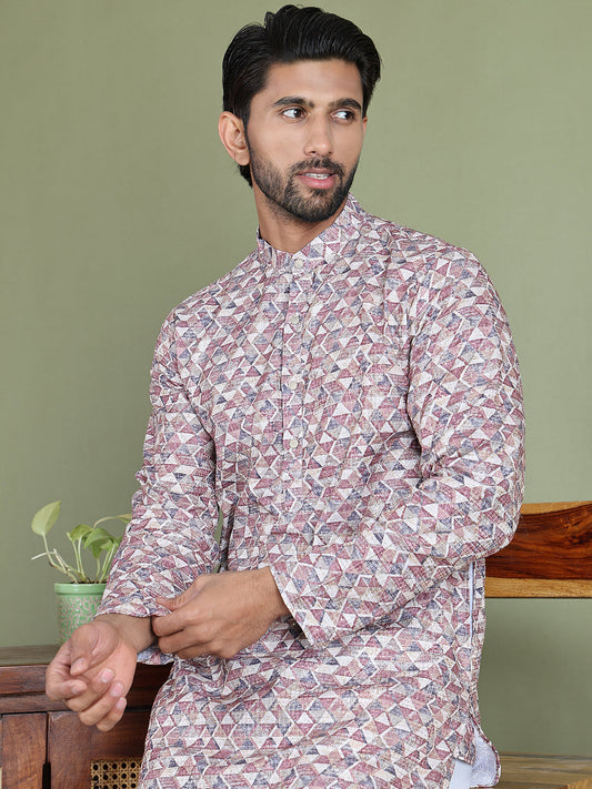 Embroidered and Printed Cotton Blend Kurtas. ( ko 5141Brown )