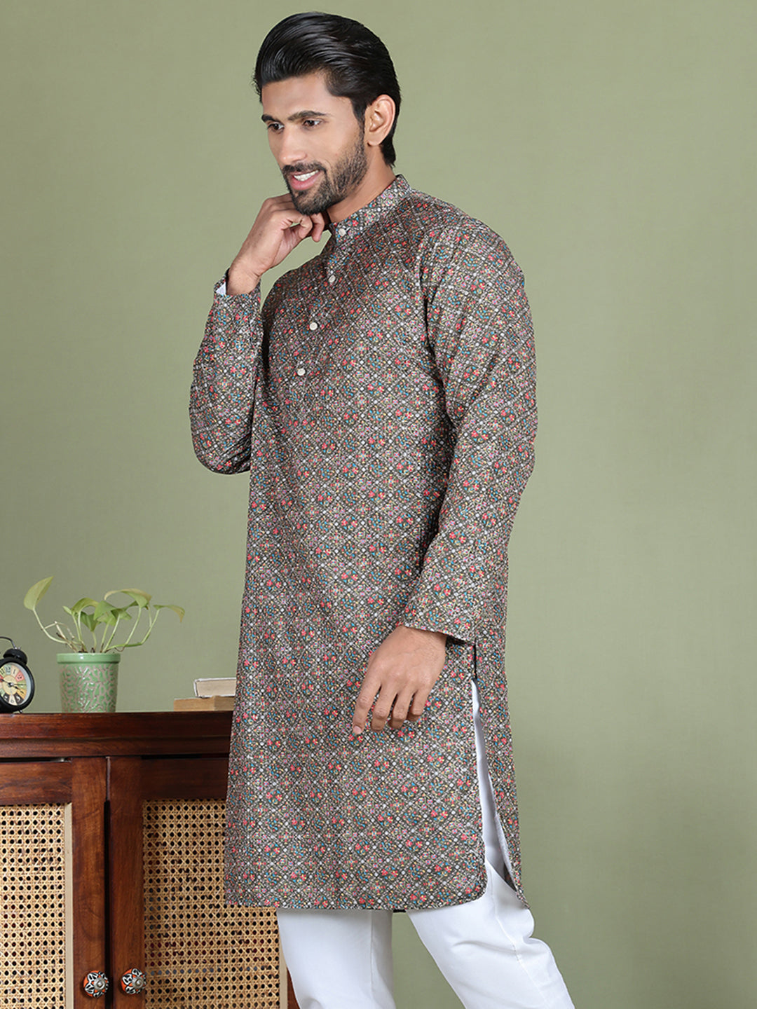 Embroidered and Printed Cotton Blend Kurtas. ( ko 5142Olive )