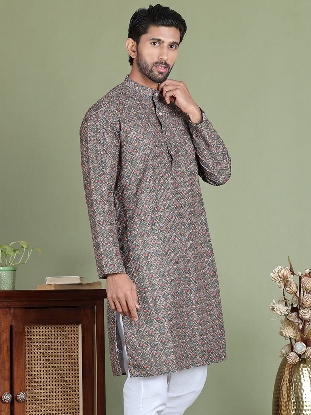 Embroidered and Printed Cotton Blend Kurtas. ( ko 5142Olive )