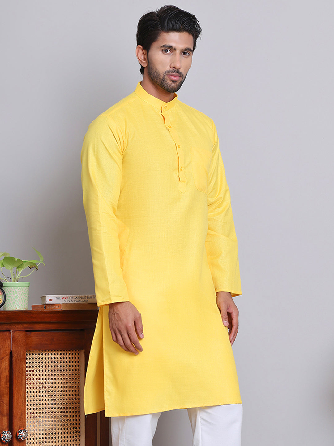 Men’s Cotton Blend Solid Kurta ( ANMKO 5144Lemon )