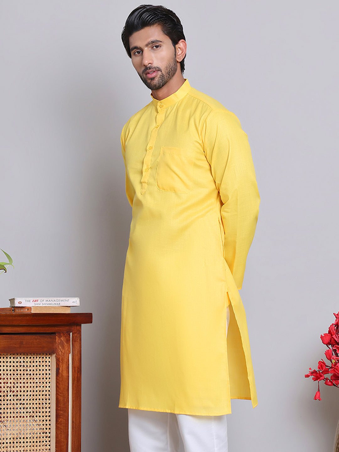 Men’s Cotton Blend Solid Kurta ( ANMKO 5144Lemon )