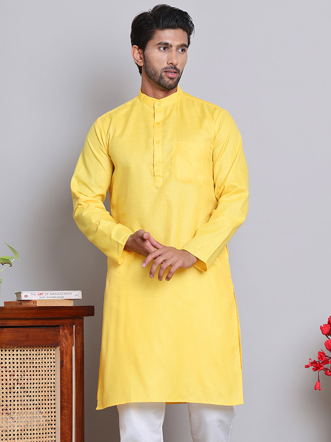 Men’s Cotton Blend Solid Kurta ( ANMKO 5144Lemon )
