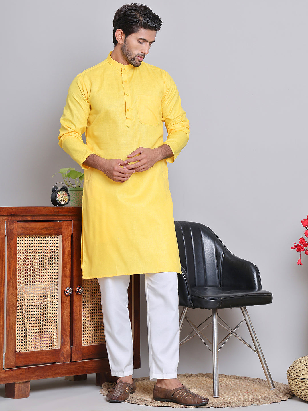 Men’s Cotton Blend Solid Kurta ( ANMKO 5144Lemon )
