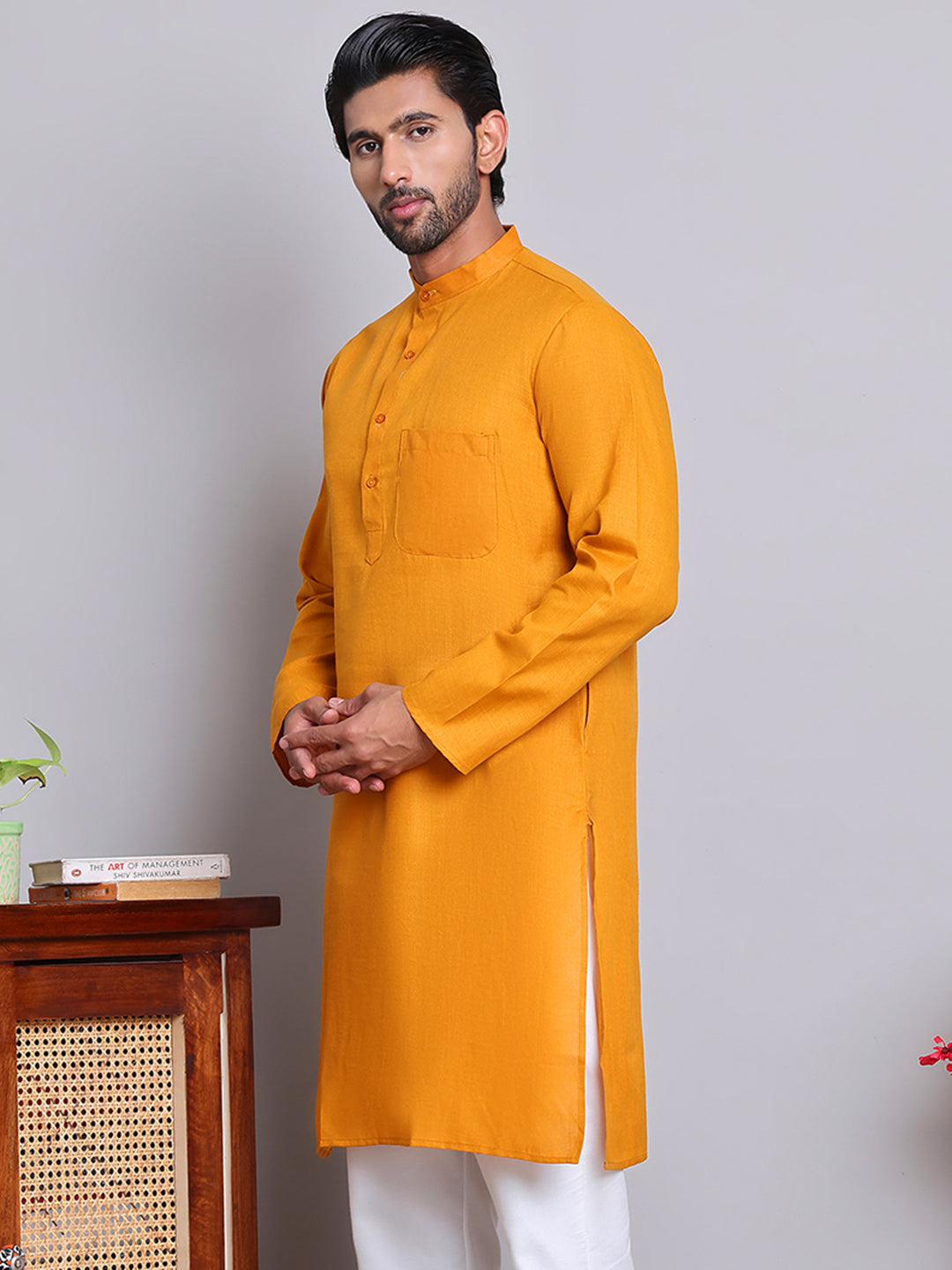 Men’s Cotton Blend Solid Kurta ( ANMKO 5144Mustard )